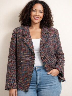 SilkLand Multicolor Tweed Fringe-Trim Blazer